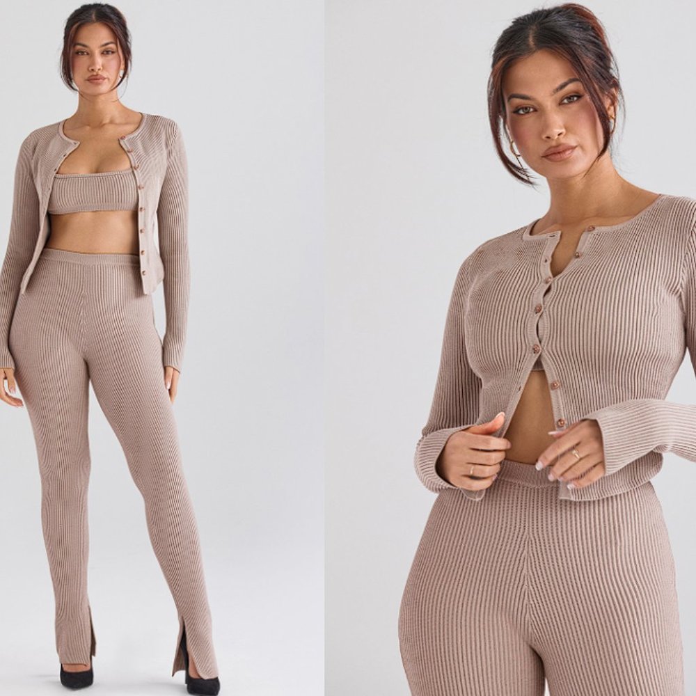 HOUSE OF CB 'Sylvia' & ‘Mitzi’ Taupe Ribbed Knit Cardigan Set NWOT